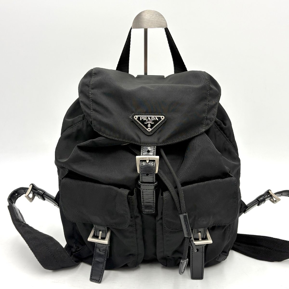PRADA プラダ 三角ロゴプレート テスートナイロン×レザー バックパック リュック ブラック 黒 1円