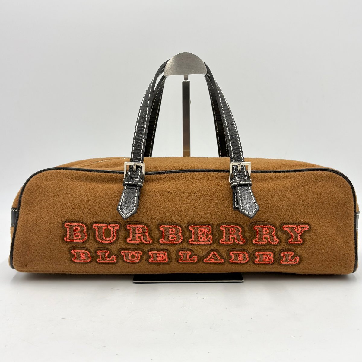 1円/美品◎BURBERRY BLUE LABEL バーバリーブルーレーベル ロゴ ハンドバッグ ミニボストンバッグ ウール×レザー バーバリー 茶色