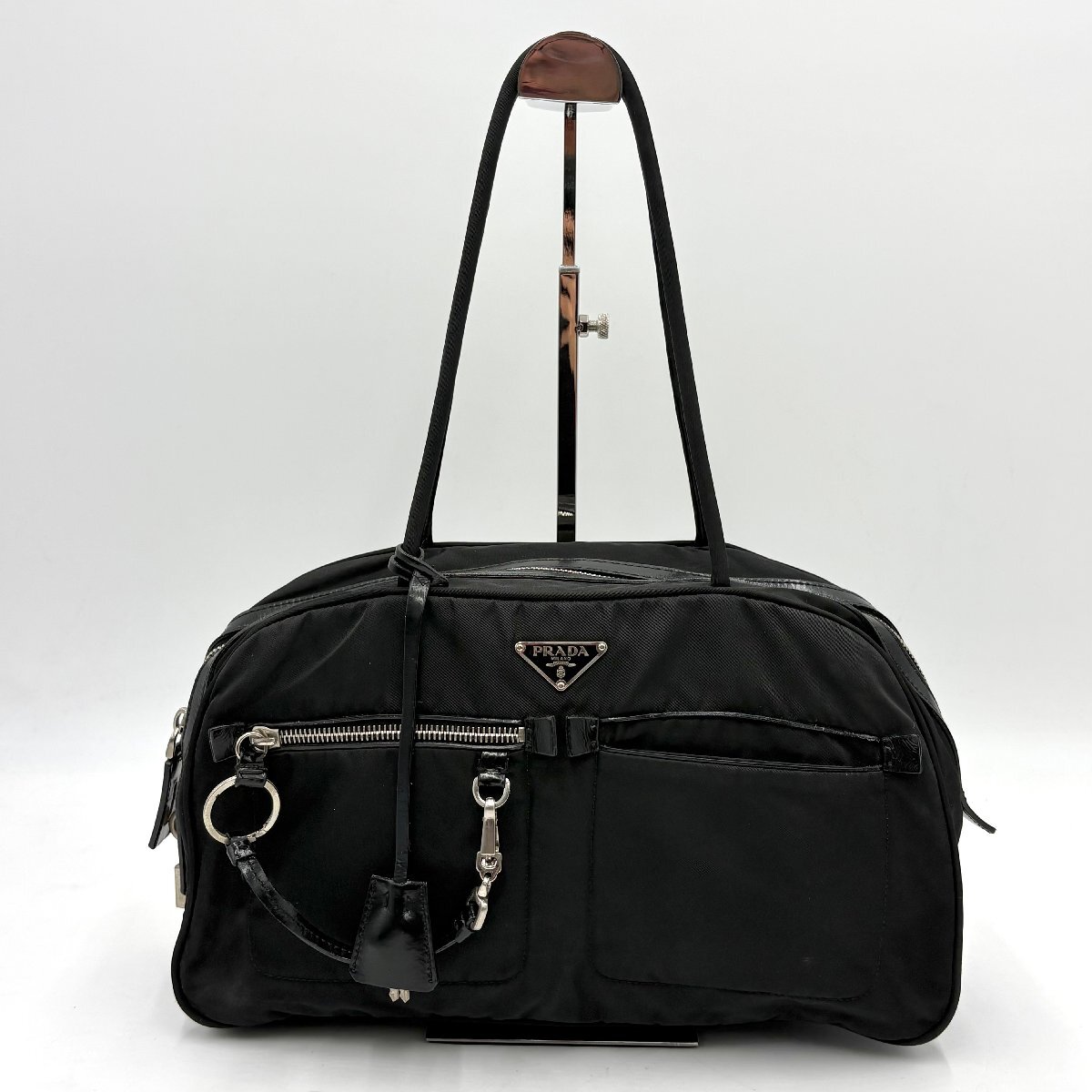 1円/極美品◎PRADA プラダ 三角ロゴプレート SV金具 ナイロン トートバッグ ショルダーバッグ ミニボストン 肩掛け可 ブラック 黒 BR1554