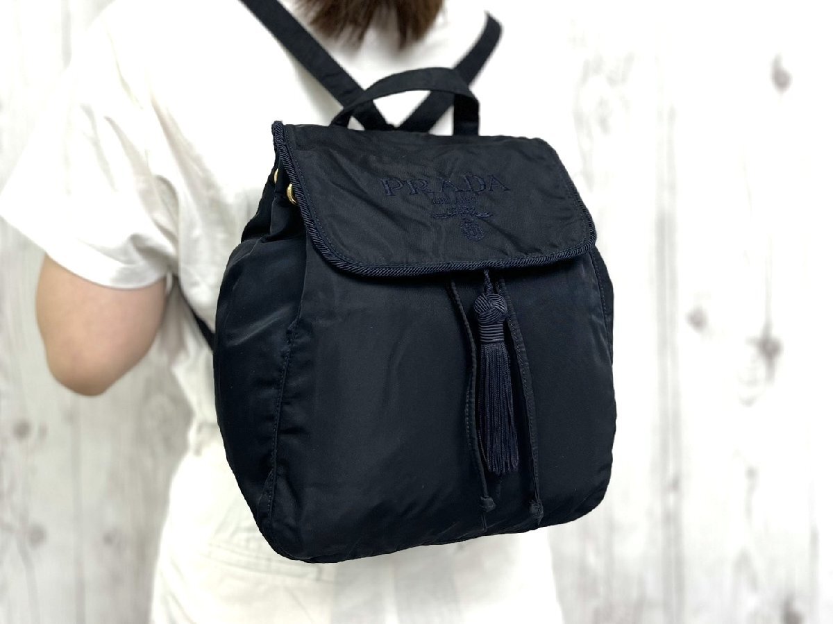 美品 PRADA プラダ テスート フリンジ ナイロンリュック リュックサック バッグ ナイロン 紺 101237Y