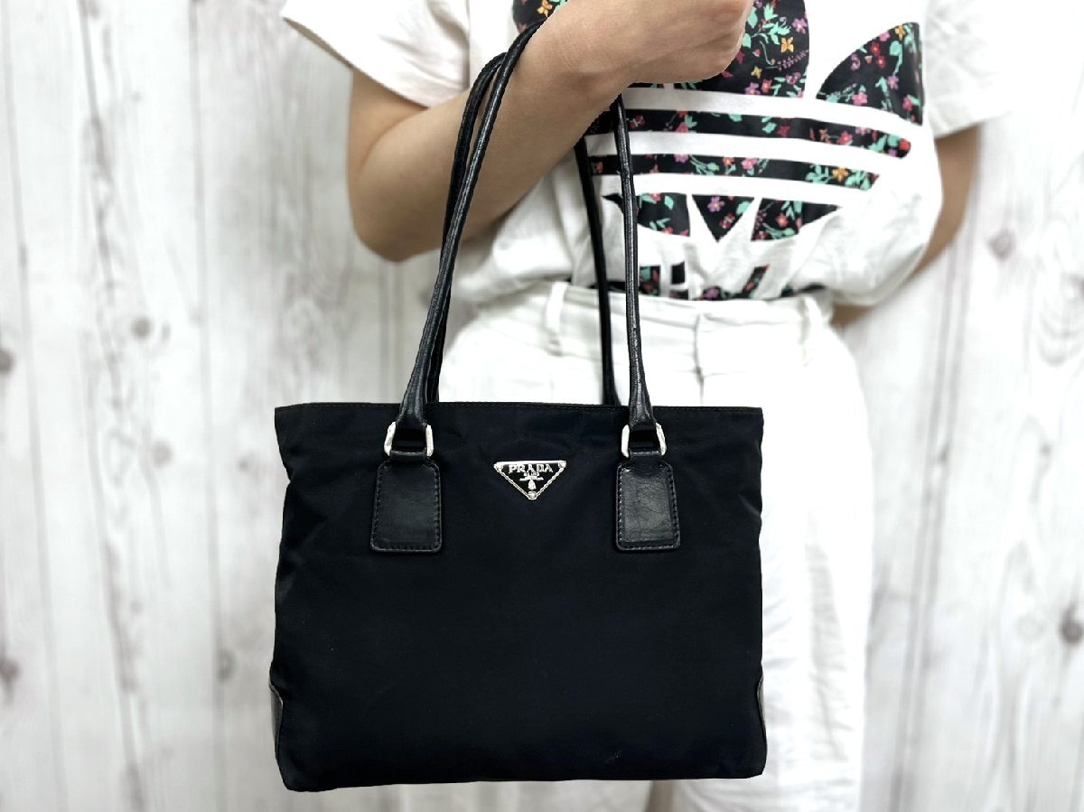 美品 PRADA プラダ テスート ハンドバッグ ショルダーバッグ バッグ ナイロン×レザー 黒 101191Y