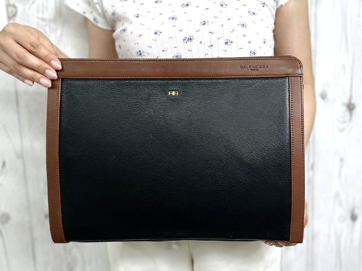 美品 BALENCIAGA バレンシアガ 書類バッグ クラッチバッグ セカンドバッグ バッグ レザー 黒×茶 A4可 メンズ 101317