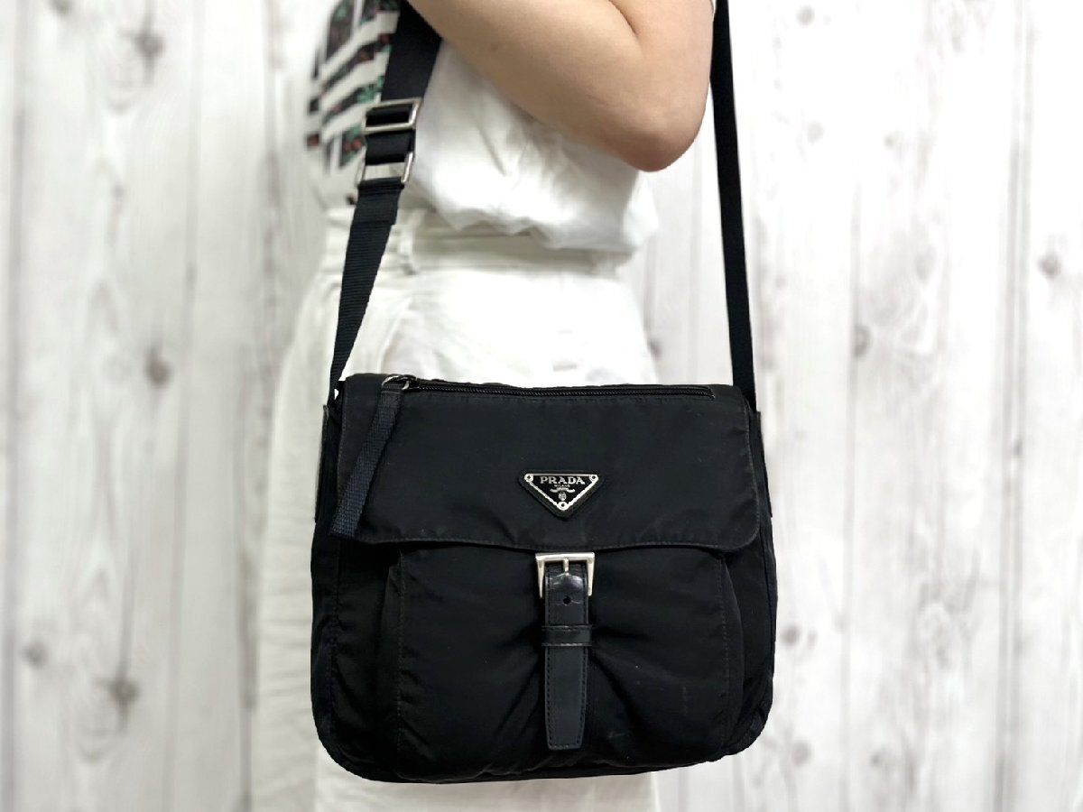 美品 PRADA プラダ テスート ショルダーバッグ バッグ ナイロン×レザー 黒 メンズ 101271Y