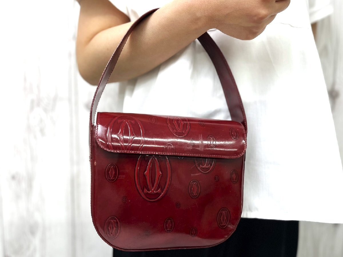 極美品 Cartier カルティエ ヴィンテージ ハッピーバースデー ハンドバッグ バッグ パテントレザー ボルドー 101062
