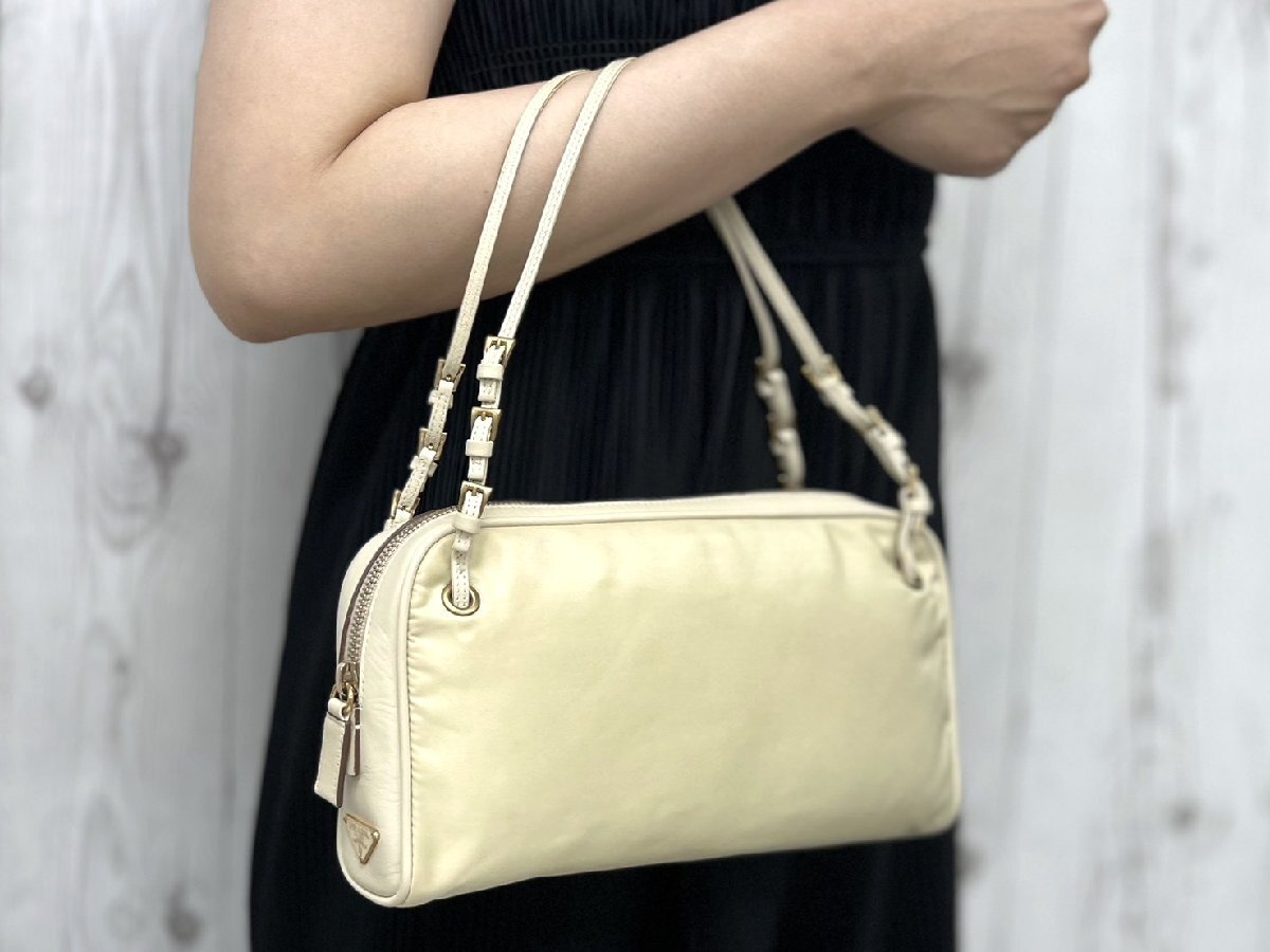 極美品 PRADA プラダ テスート ハンドバッグ バッグ ナイロン×レザー ベージュ 101246Y