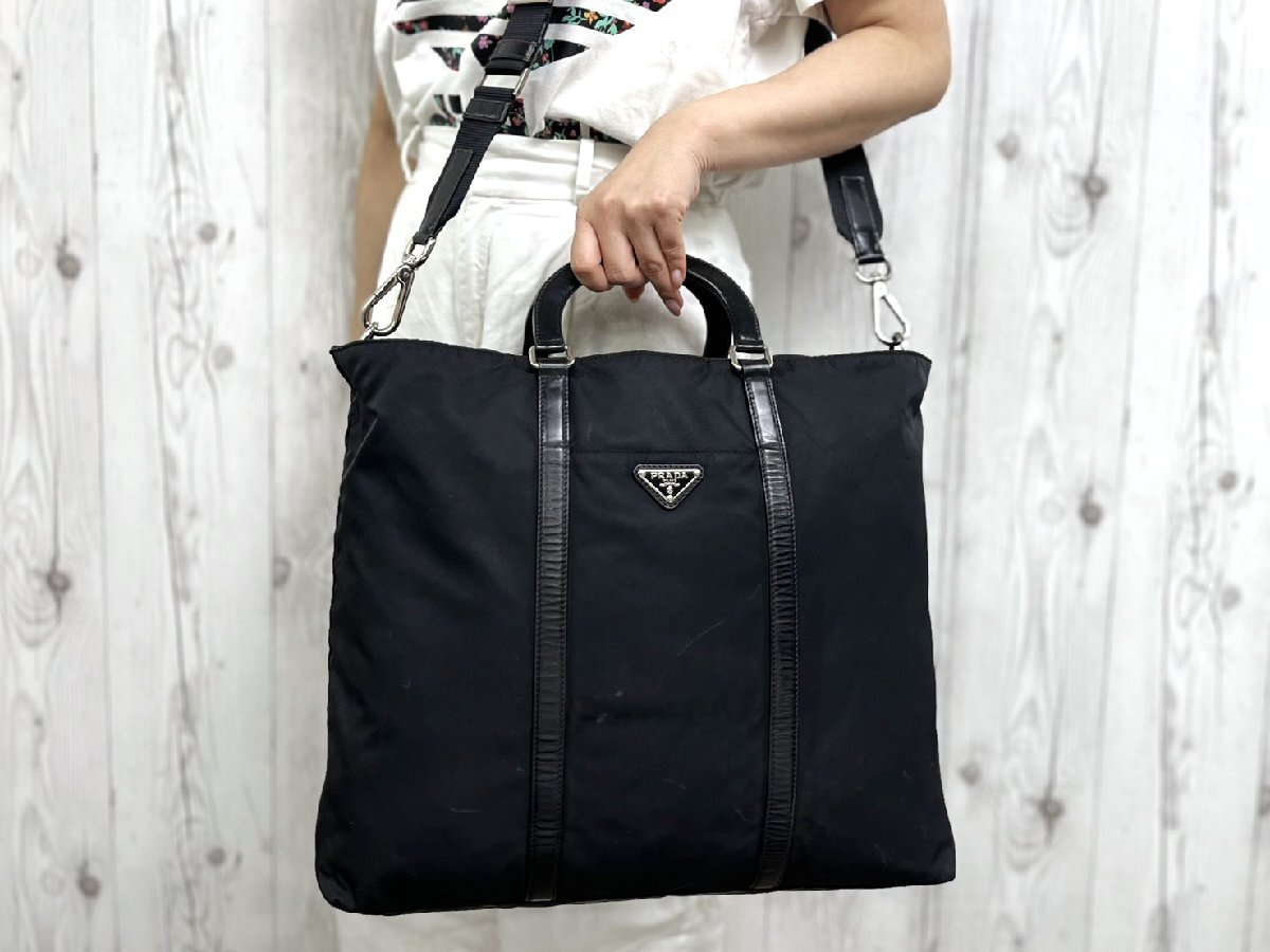 美品 PRADA プラダ テスート トートバッグ ショルダーバッグ バッグ ナイロン×レザー 黒 A4収納可 2WAY メンズ 101173Y