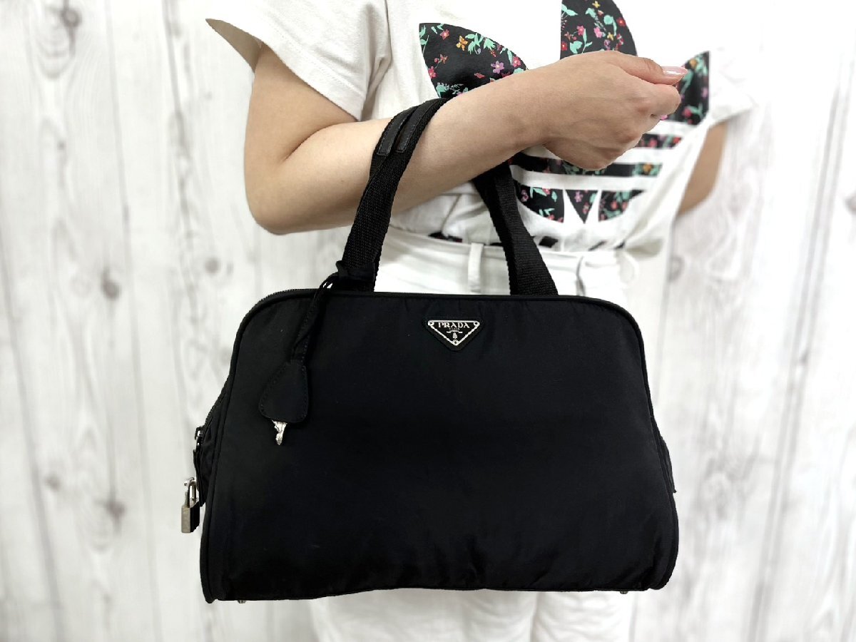 美品 PRADA プラダ テスート 鍵カデナ付 ハンドバッグ バッグ ナイロン 黒 101398