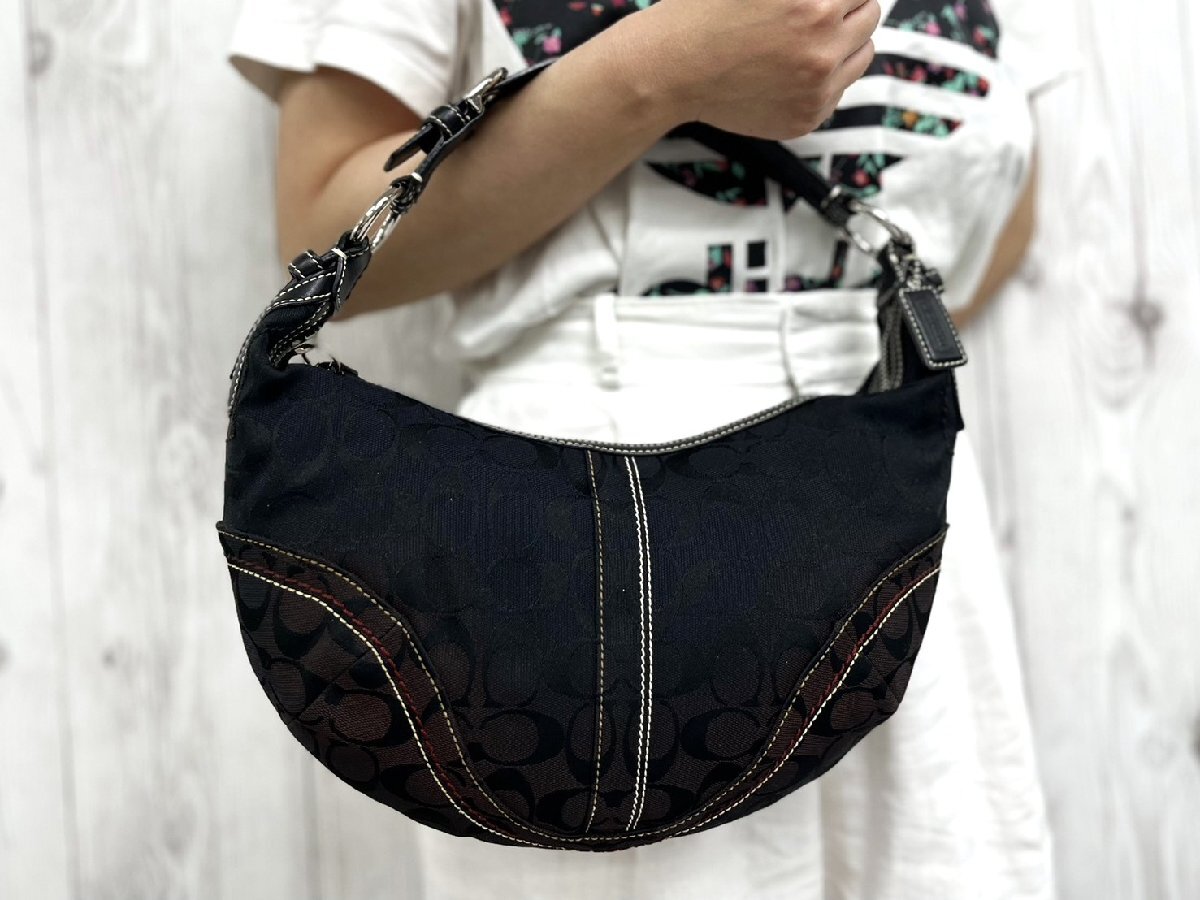 極美品 COACH コーチ シグネチャー ハンドバッグ ショルダーバッグ バッグ キャンバス×レザー 黒 101084