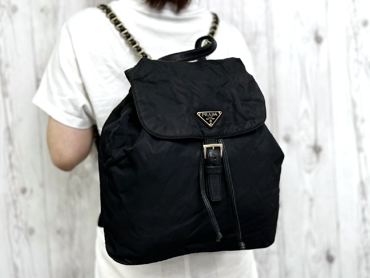 美品 PRADA プラダ テスート ゴールドチェーン リュックサック バッグ ナイロン×レザー 黒 101145Y