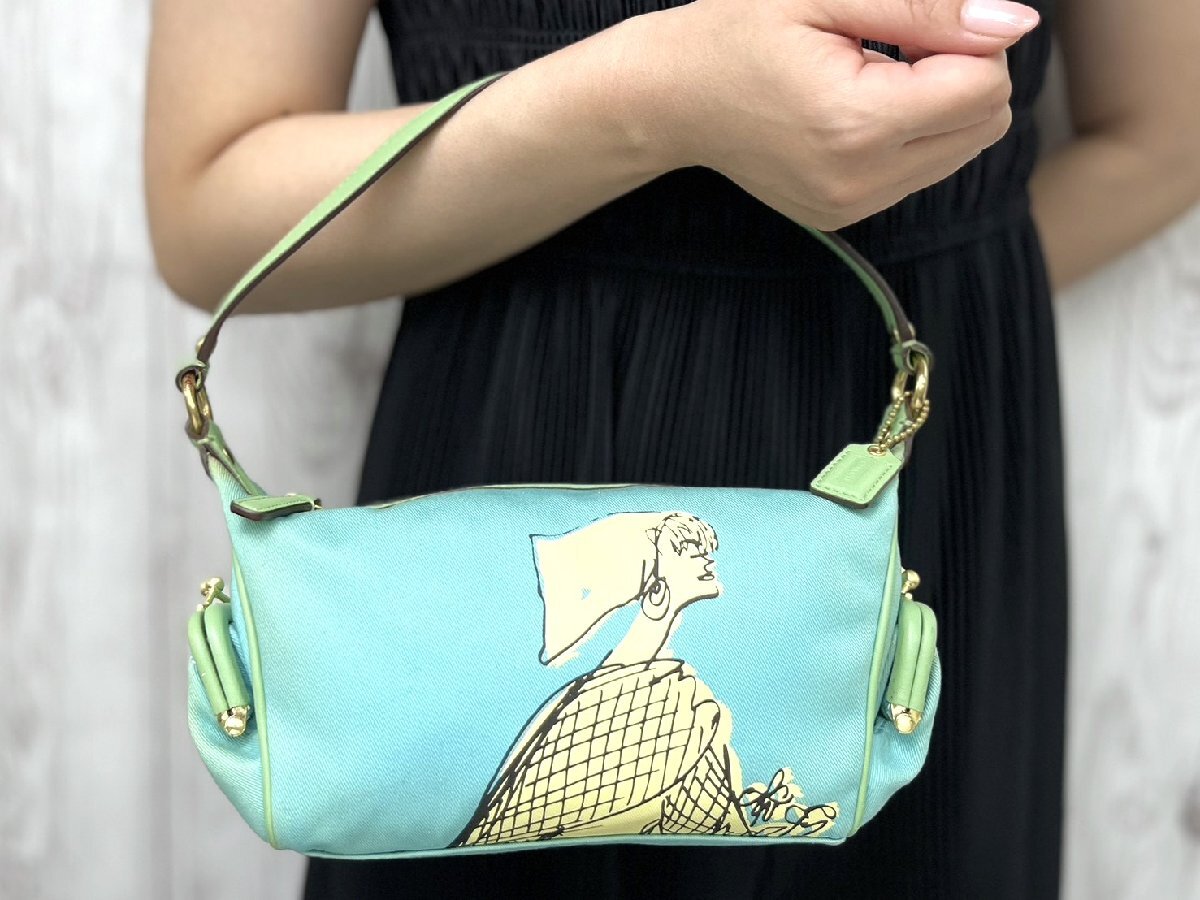 COACH コーチ ボニー カシン ハンドバッグ ショルダーバッグ バッグ キャンバス×レザー 水色×緑 101129Y