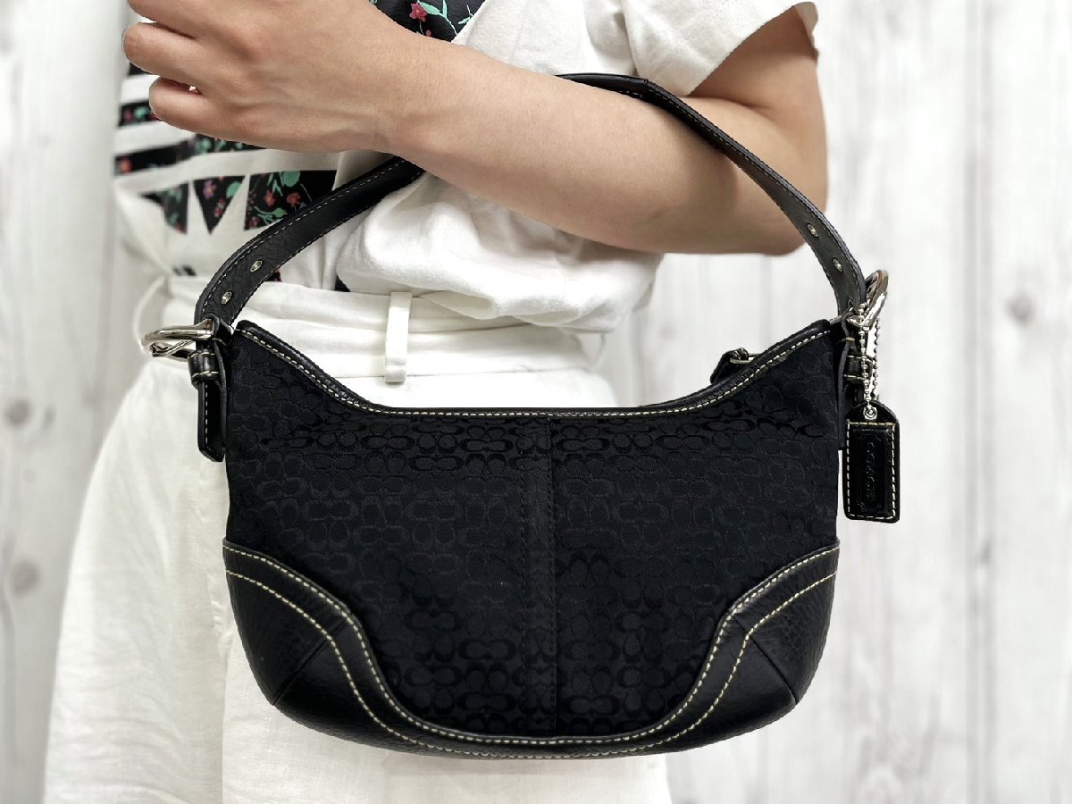 極美品 COACH コーチ シグネチャー ハンドバッグ バッグ キャンバス×レザー 黒 101340