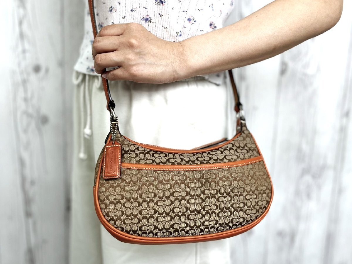 極美品 COACH コーチ シグネチャー柄 ショルダーバッグ バッグ キャンバス×レザー ベージュ系×オレンジブラウン 101305