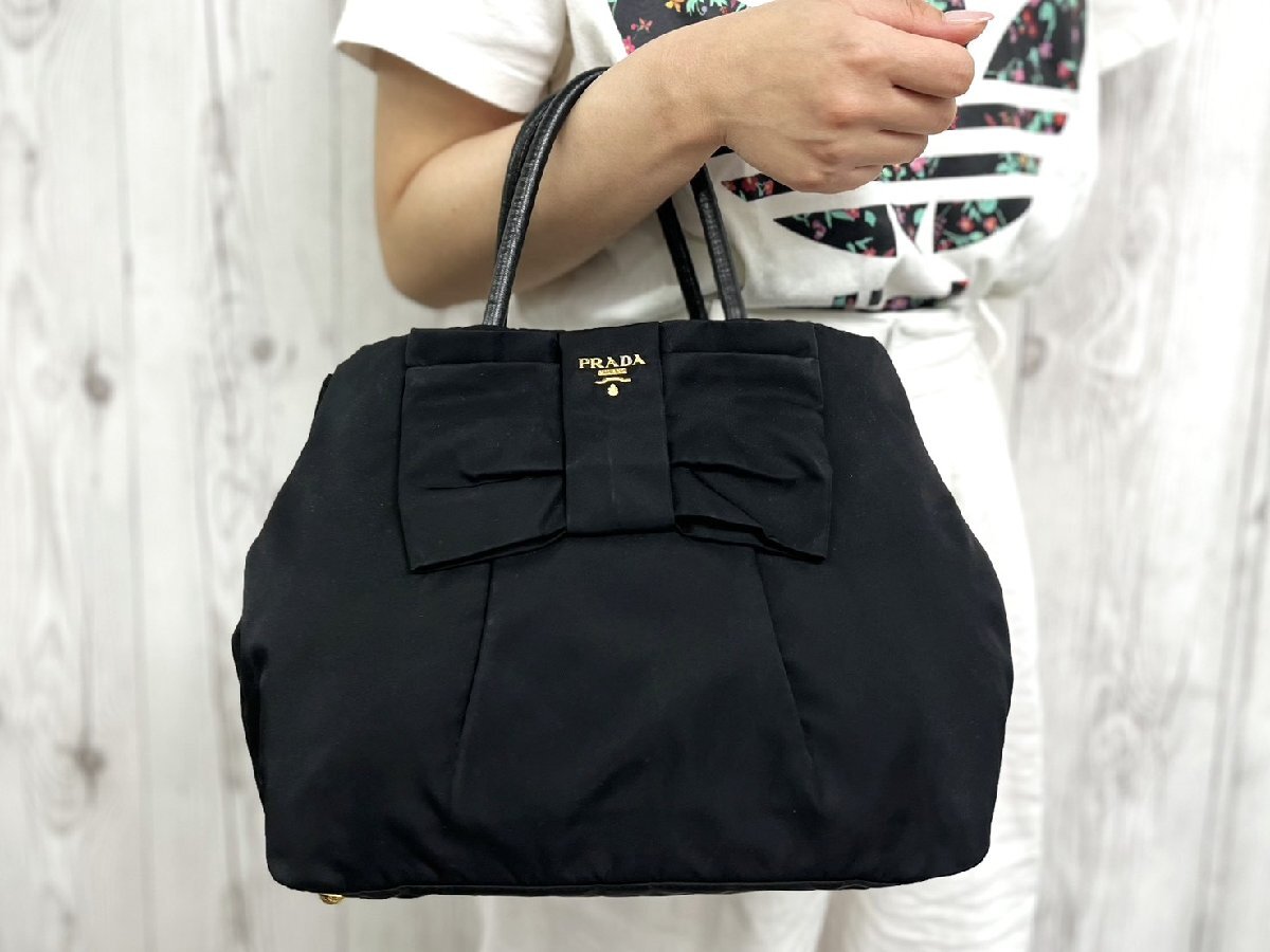 極美品 PRADA プラダ テスート リボントート ハンドバッグ トートバッグ バッグ ナイロン×レザー 黒 101179Y