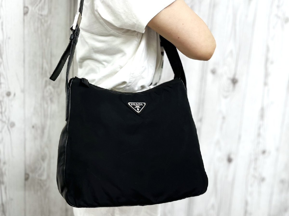 極美品 PRADA プラダ テスート ショルダーバッグ バッグ ナイロン×レザー 黒 96496Y