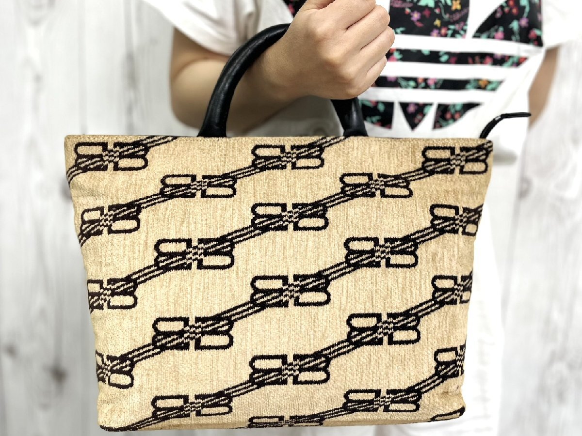 極美品 BALENCIAGA バレンシアガ BBモノグラム トートバッグ ハンドバッグ バッグ ジャガード×レザー ベージュ×黒 101319