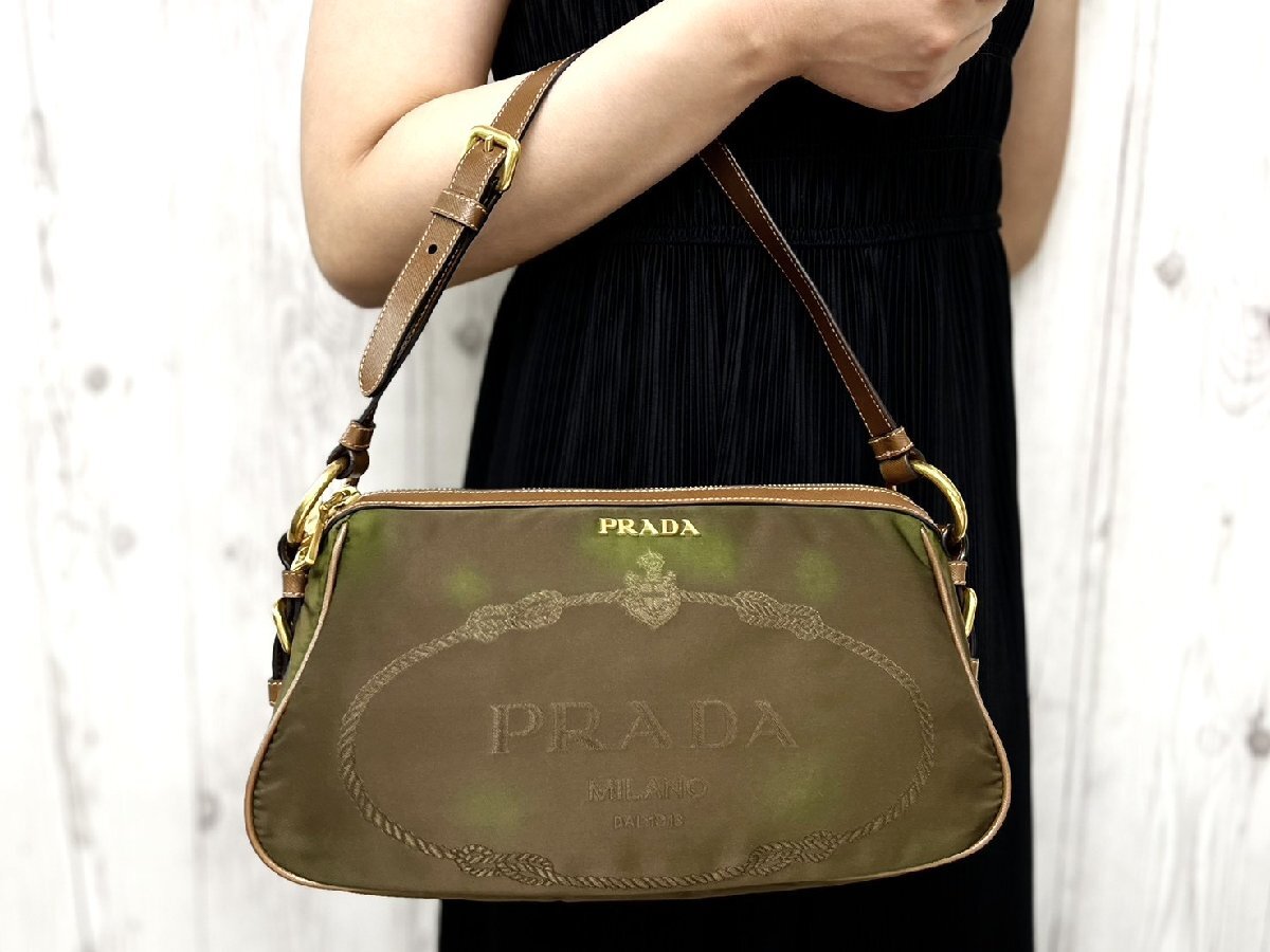 美品 PRADA プラダ テスート ハンドバッグ ショルダーバッグ バッグ ナイロン×サフィアーノレザー カーキ×茶 101167Y