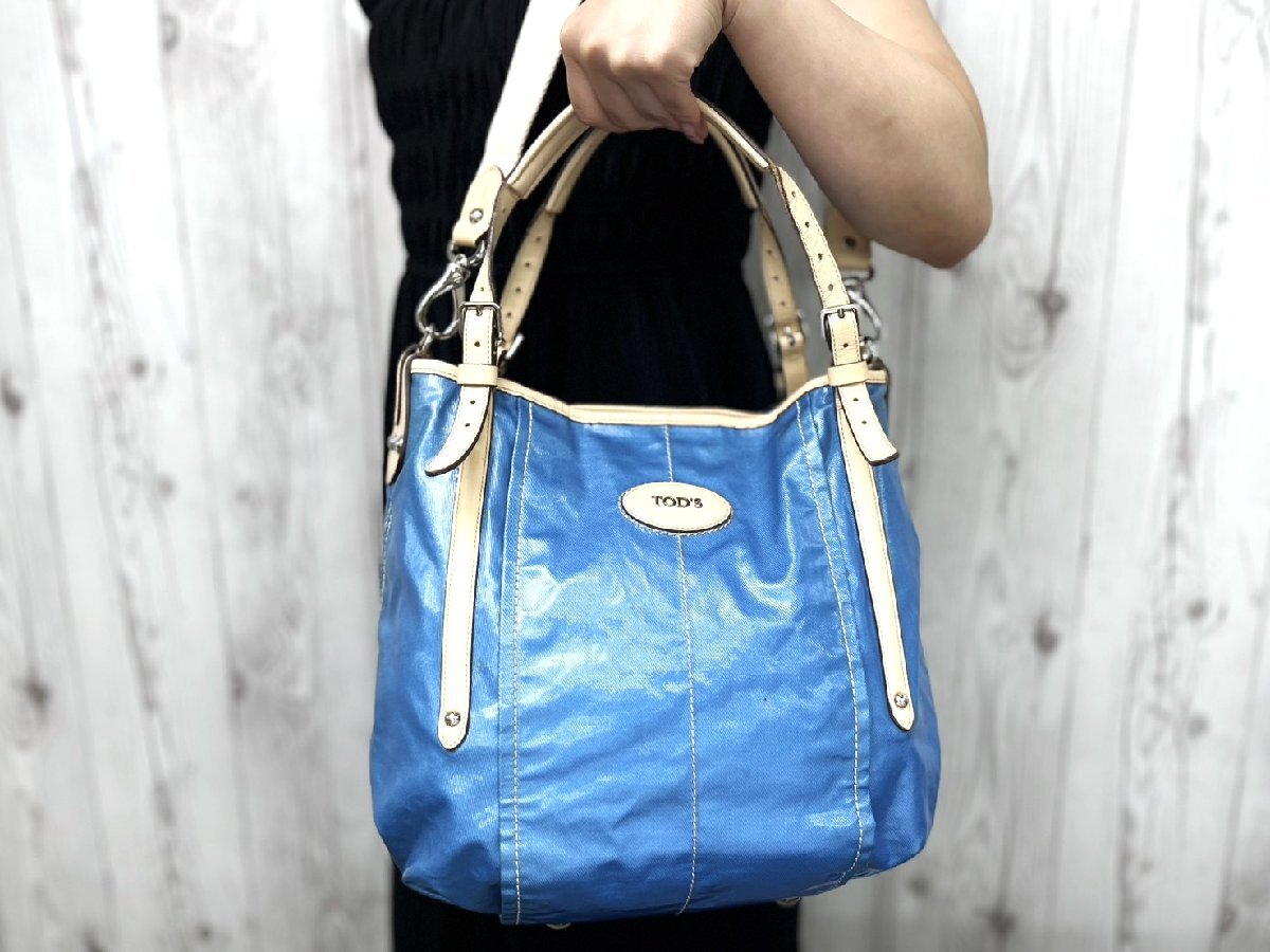 美品 TOD'S トッズ ハンドバッグ ショルダーバッグ バッグ コーティングキャンバス×レザー 水色×ベージュ 2WAY 101104Y