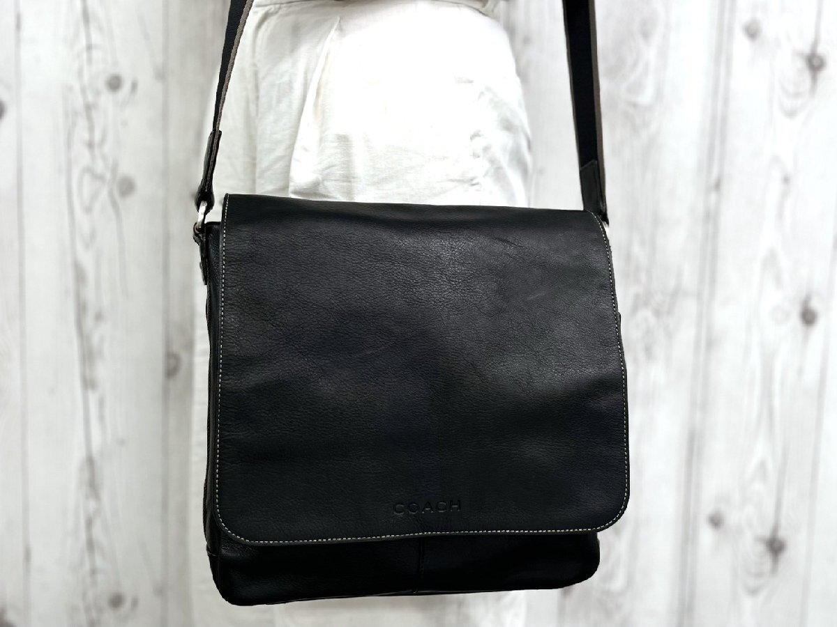 極美品 COACH コーチ ショルダーバッグ バッグ レザー×ナイロンキャンバス 黒 メンズ A4可 101107Y