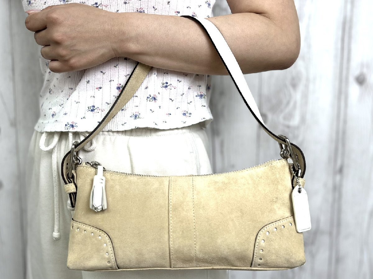 美品 COACH コーチ ハンドバッグ ワンショルダー バッグ スエード×レザー ベージュ×白 101331