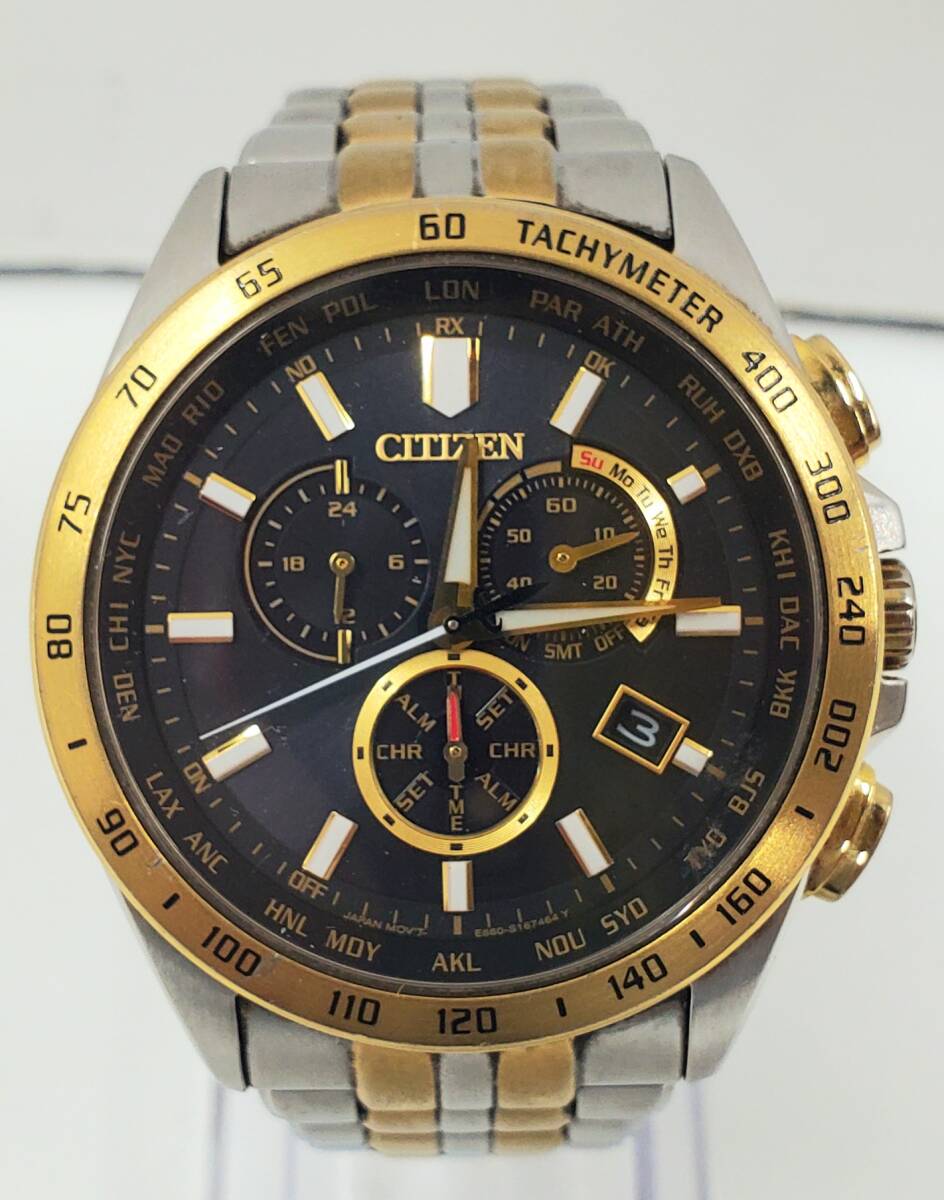 IY98216E CITIZEN ECO-DRIVE シチズン エコドライブ 電波時計 クロノグラフ E660-S122244 稼働品 腕周り約16cm 現状品
