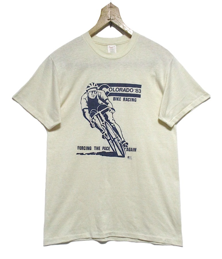 80s Vintage MADE IN USA 古着　COLORADO '83 BIKE RACING 自転車 ロードレース シングルステッチ Tシャツ Lサイズ アイボリー USA製