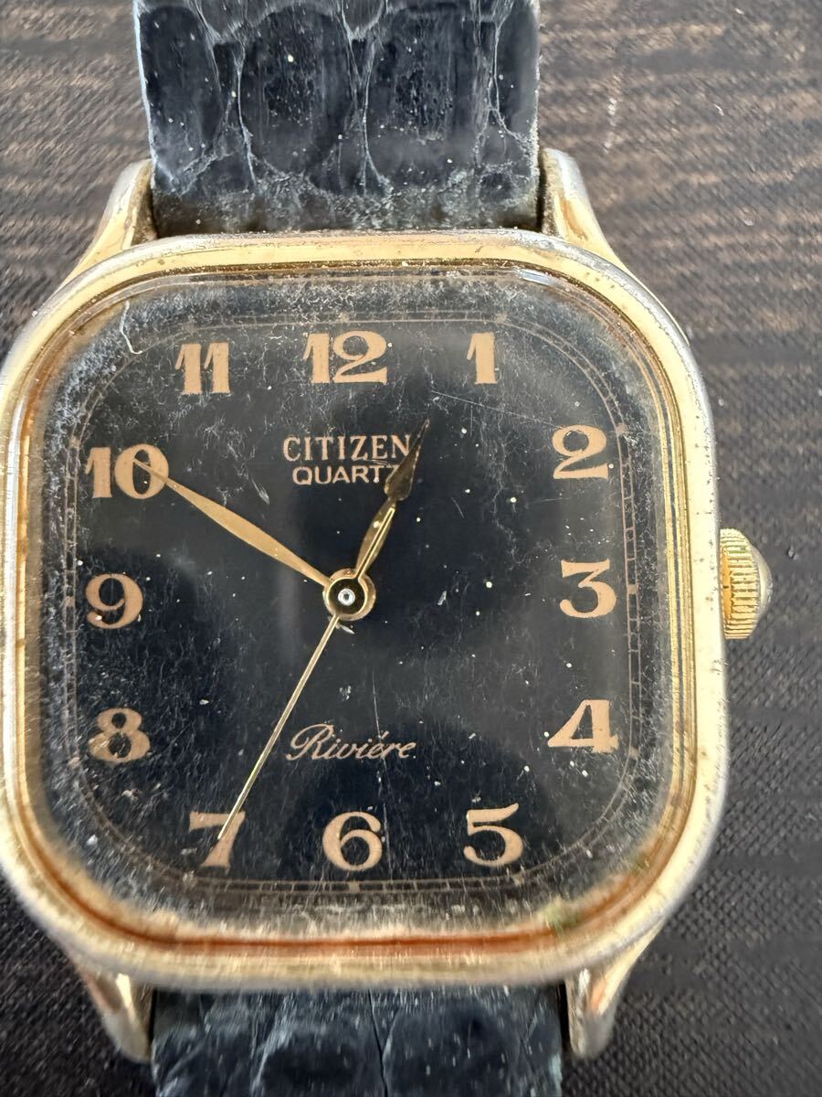 CITIZEN シチズン Riviere リビエール 2950-291999 クォーツ スクエア 黒文字盤 ゴールド レトロ ヴィンテージ 不動品 ジャンク★3408
