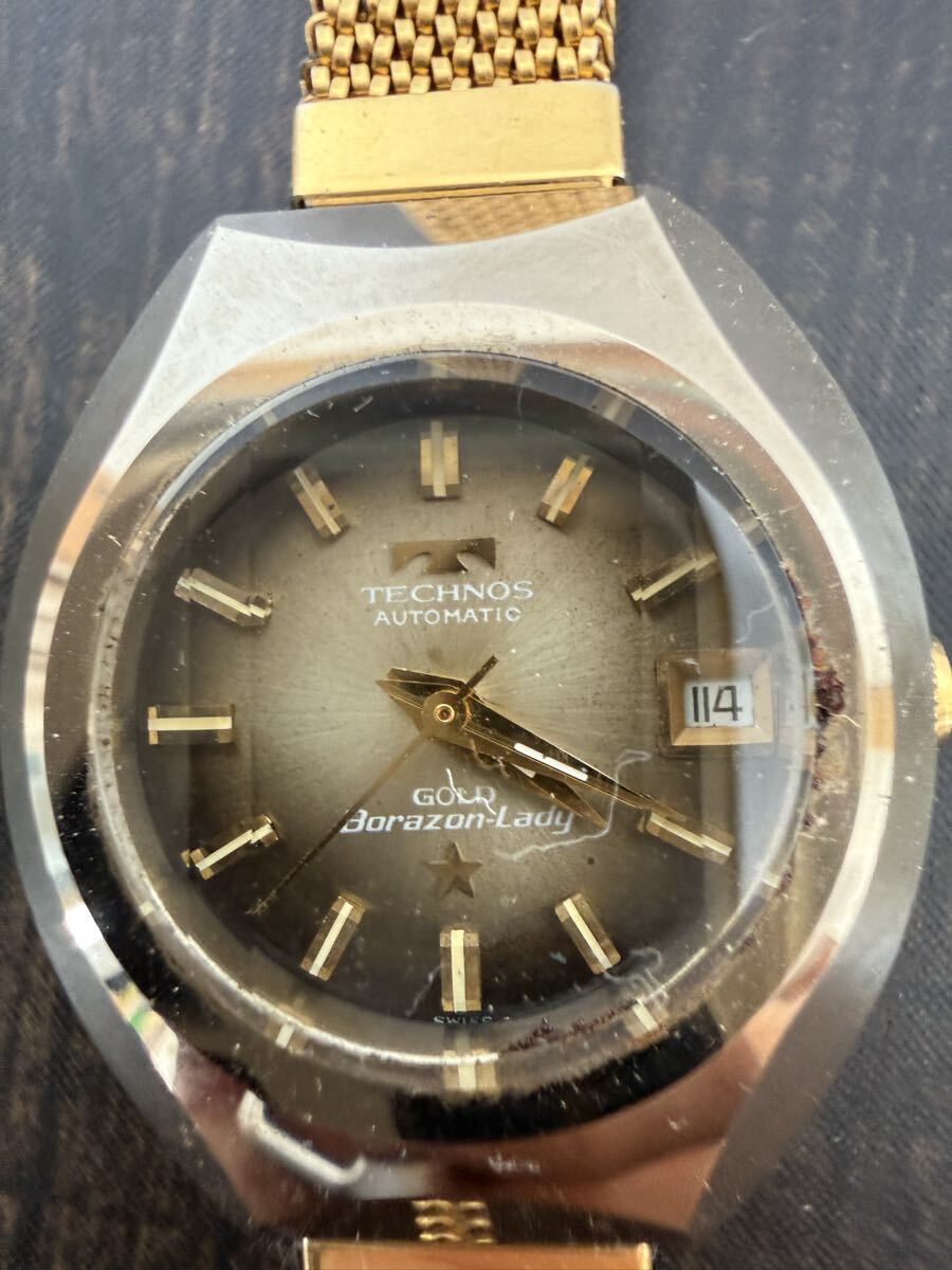 1円〜稼働 テクノス ボラゾン レディ TECHNOS Gold Borazon-Lady 自動巻き デイト ブラウン文字盤 レディース 腕時計 ベルト破損 ★0000