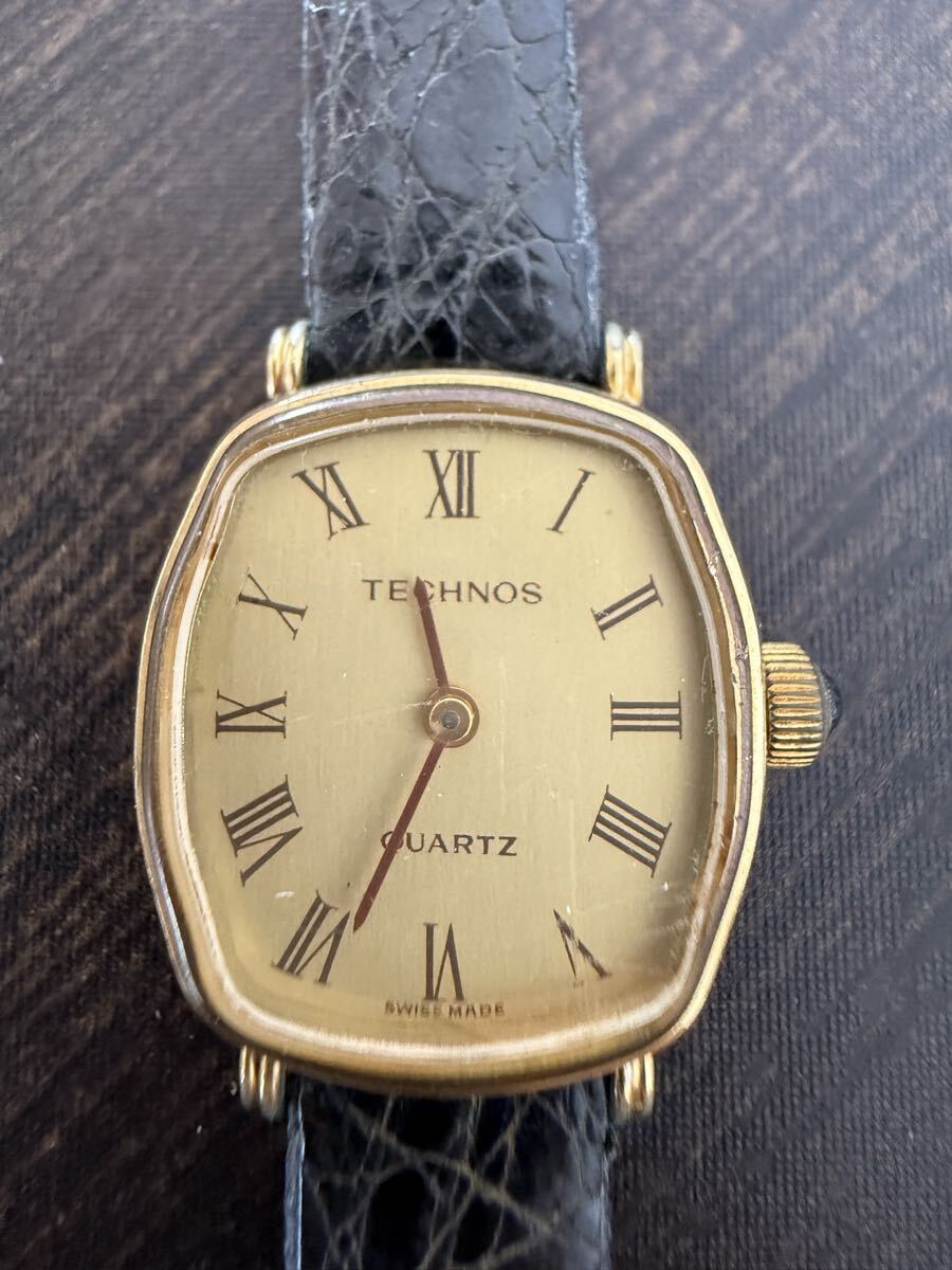 TECHNOS テクノス 腕時計 クォーツ レディース 51-1222 51-7400 角型金文字盤 ローマン数字 ヴィンテージ レトロ ウォッチ HUDケース★0000