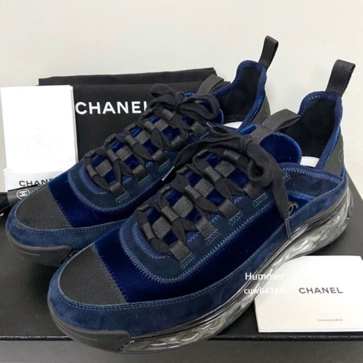 国内正規品 極美品 42（約26.5〜27cm）CHANEL シャネル 限定 激レア クリアソール スニーカー ヴェロア スウェード ネイビー系 全付属品