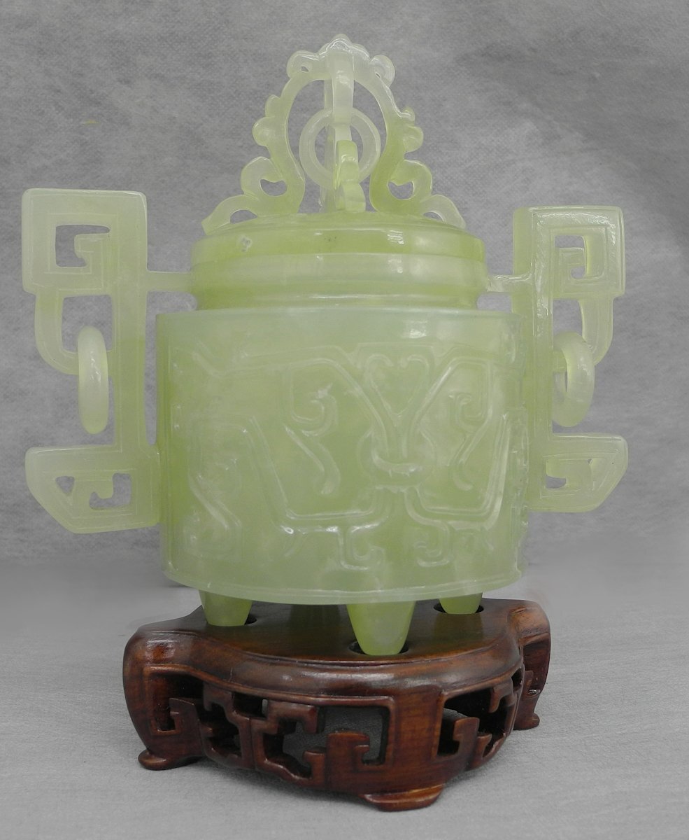 サーペンティン 中国 香炉 14cm 蛇紋石 644ｇ 鑑別書付き 中国工芸品 インテリア 中古 工芸品　