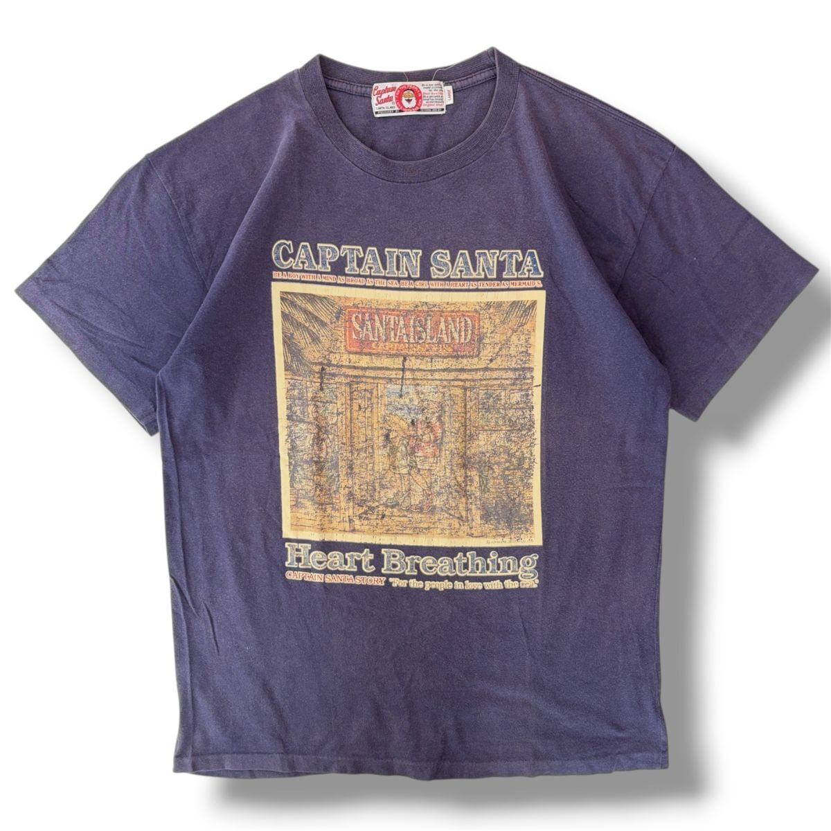 国内正規品★ CAPTAIN SANTA キャプテンサンタ メンズ HeartBreathing 半袖 プリントTシャツ ネイビー系 Lサイズ フェード トップス 古着