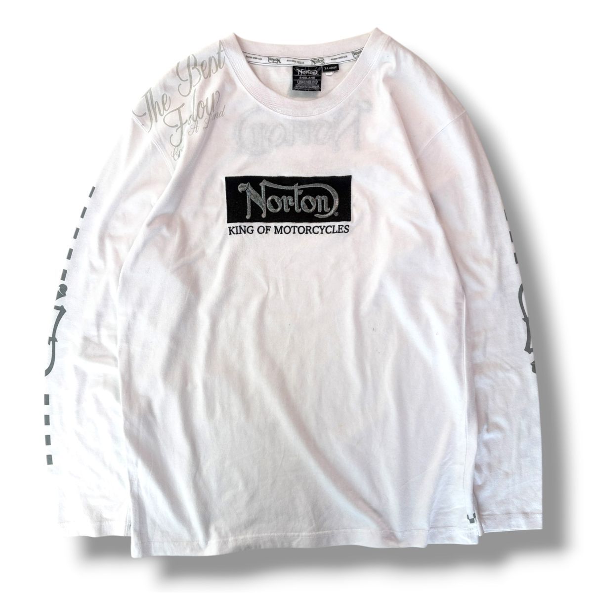 国内正規品★ Norton ノートン ロゴ ワッペン刺繍 長袖 ロングスリーブ Tシャツ ロンT 白 XL 大きめ オーバーサイズ トップス 古着