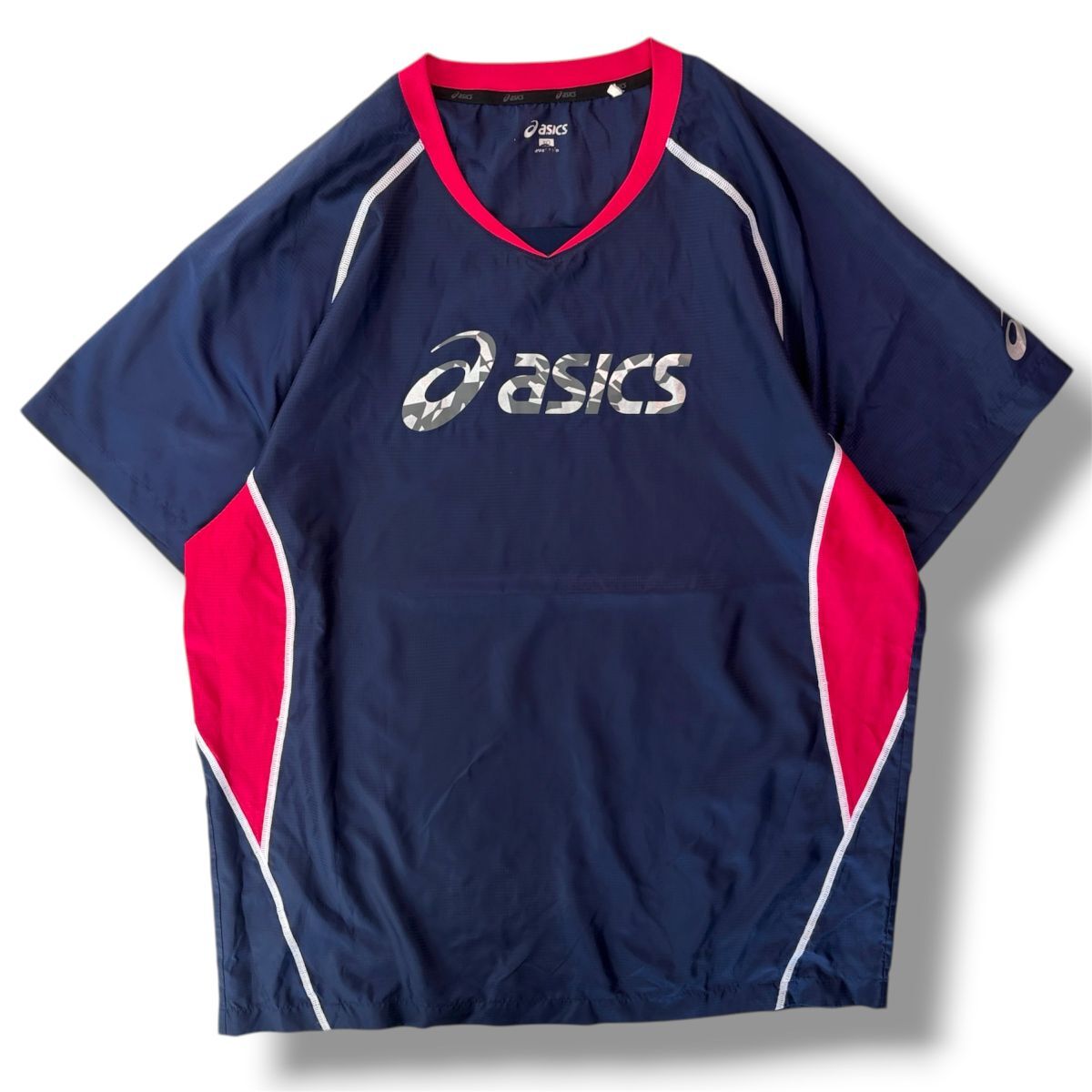 国内正規品★ asics アシックス メンズ 半袖ピステ ウィンドブレーカー スポーツウェア ネイビー系 XLサイズ 野球 練習着 ロゴプリント