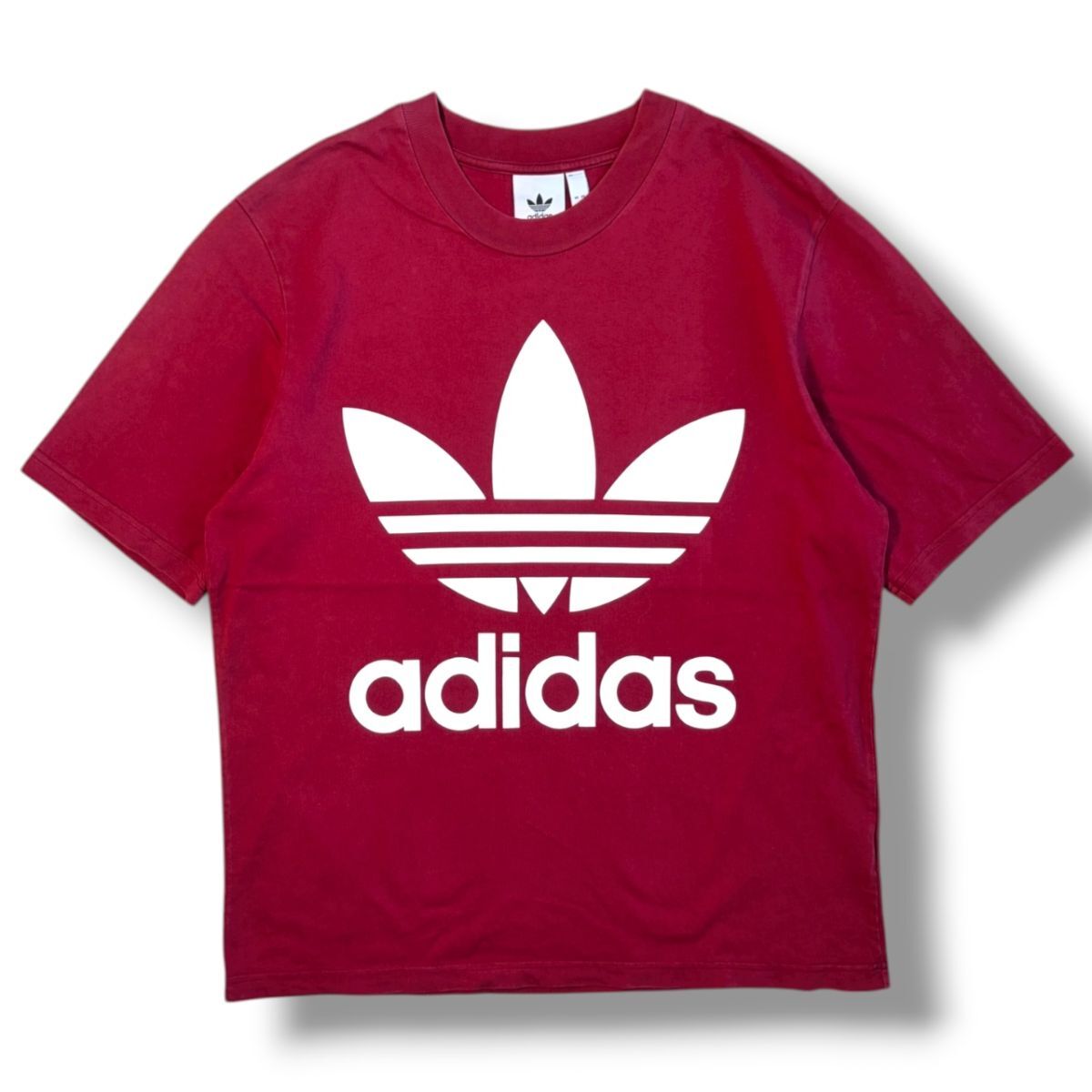 国内正規★ adidas アディダス トレフォイル ロゴ プリント 半袖 オーバーサイズ Tシャツ Oサイズ ワイン系 トップス カットソー TEE 古着
