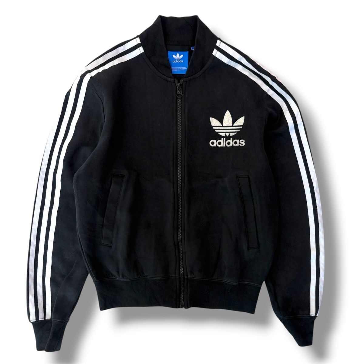 国内正規★ adidas Originals アディダス オリジナルス トレフォイル フロッキー ロゴ プリント トラックジャケット ジャージ 黒 XS 古着