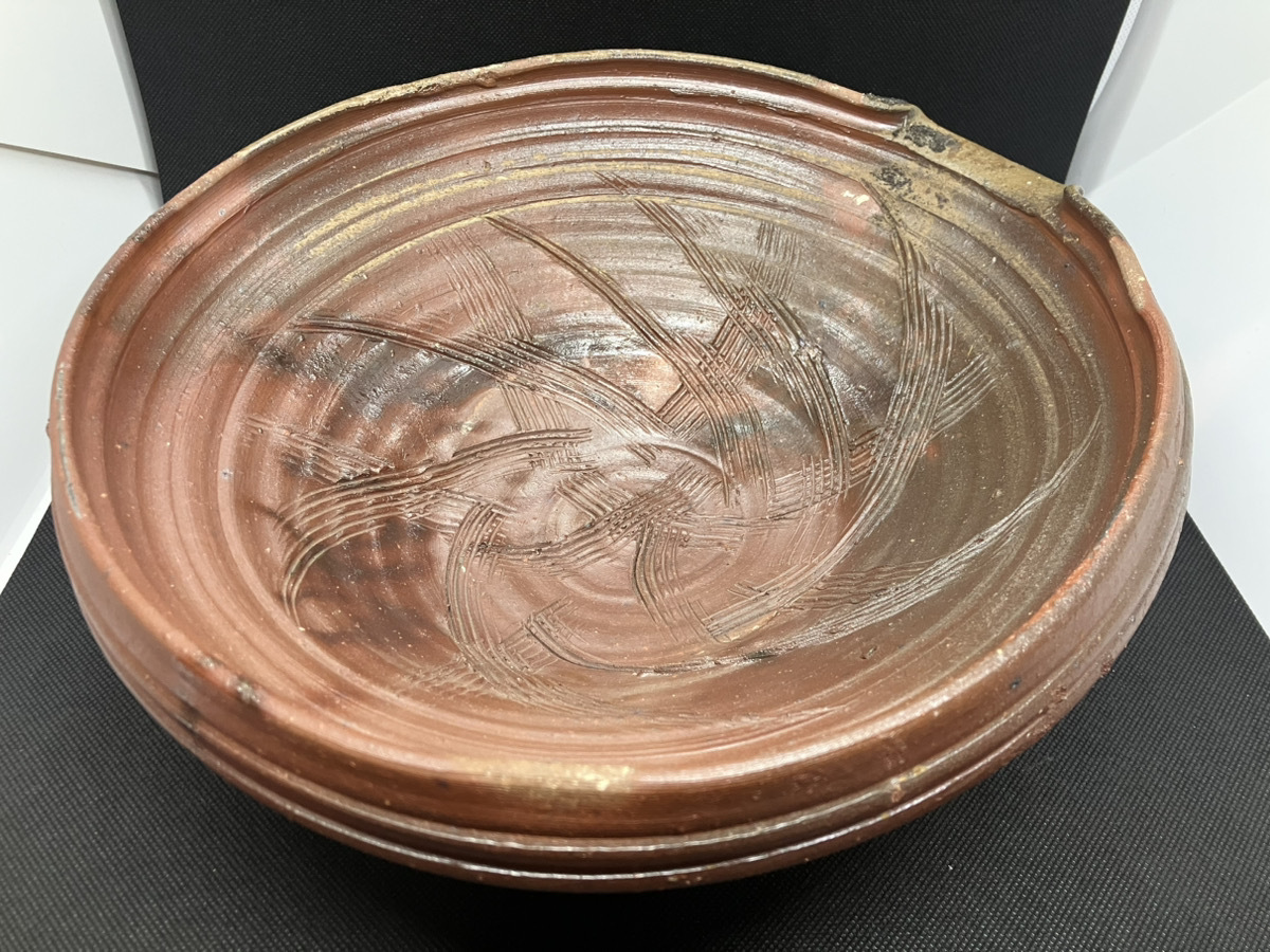 【1円スタート】備前焼 俊行窯 乗松俊行 水盤 花生 花器 共箱 栞付き 約31cm 伝統工芸 売り切り　1380