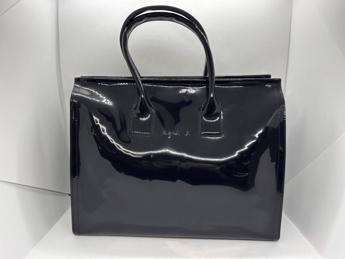 日本製◆美品級 agnes b. アニエスベー エナメル スクエア ハンドバッグ トートバッグ 黒 サザビー製 MDA22971 フォーマル A4 1465