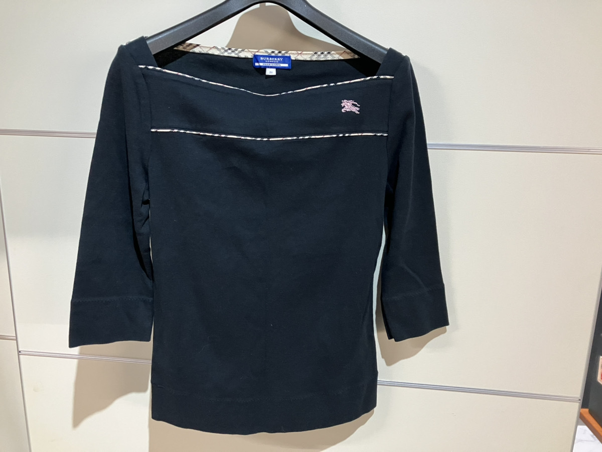 1円~ バーバリー ブルーレーベル 半袖 七分袖 カットソー Tシャツ 38 M 黒 ノバチェック ホースロゴ 刺繍 レディース 日本製 売り切り1285