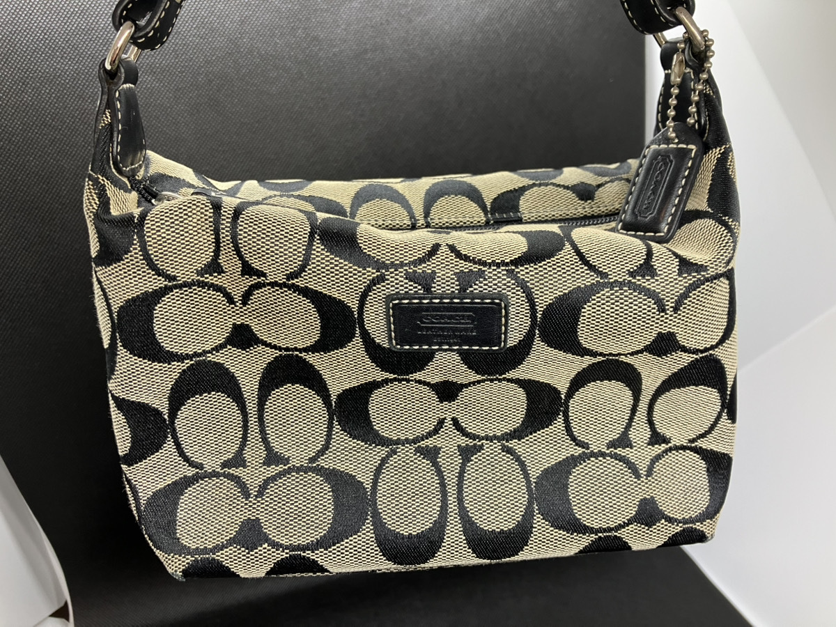 1円から【美品】COACH コーチ シグネチャー ミニバッグ ポーチ ハンドバッグ キャンバス レザー ブラック ベージュ 売り切り　1614