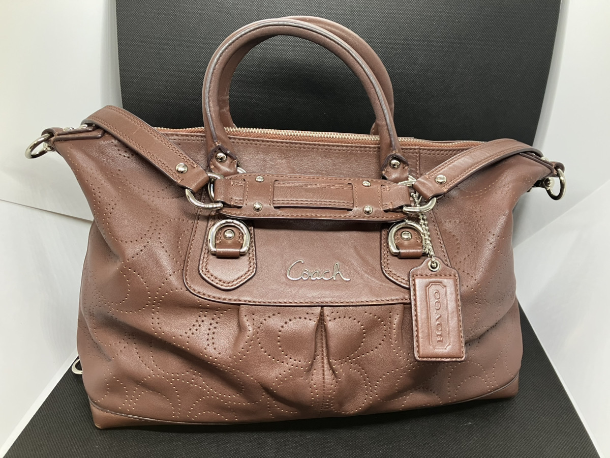【1円スタート】COACH コーチ シグネチャー パンチングレザー 2WAY ショルダーバッグ ハンドバッグ ブラウン系 レディース　1615 大容量　
