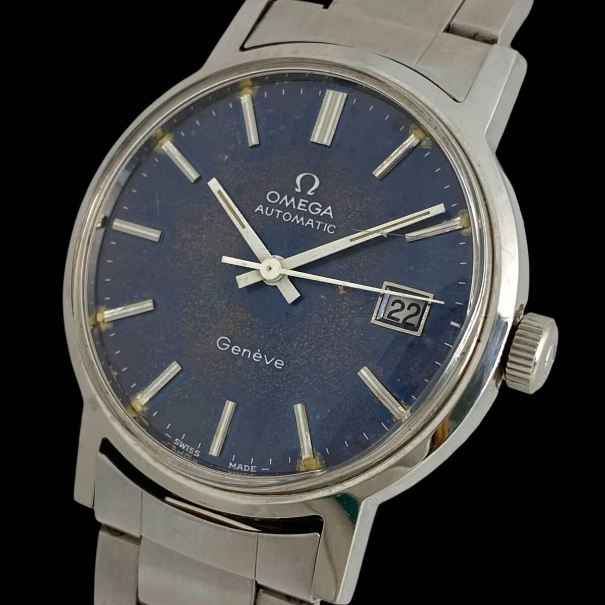 2605T0078 OMEGA オメガ 1660098 Geneve ジュネーブ メンズ腕時計 動作品 自動巻き 3針 デイト ラウンド シルバーカラー 青文字盤