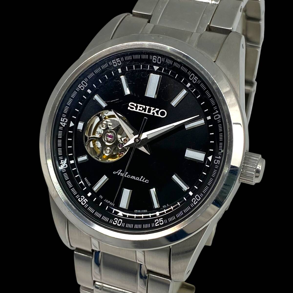 2605T0088 SEIKO セイコー 4R38-02A0 セイコーセレクション メンズ腕時計 動作品 自動巻き 3針 ラウンド スケルトン 裏スケ 黒文字盤 SS