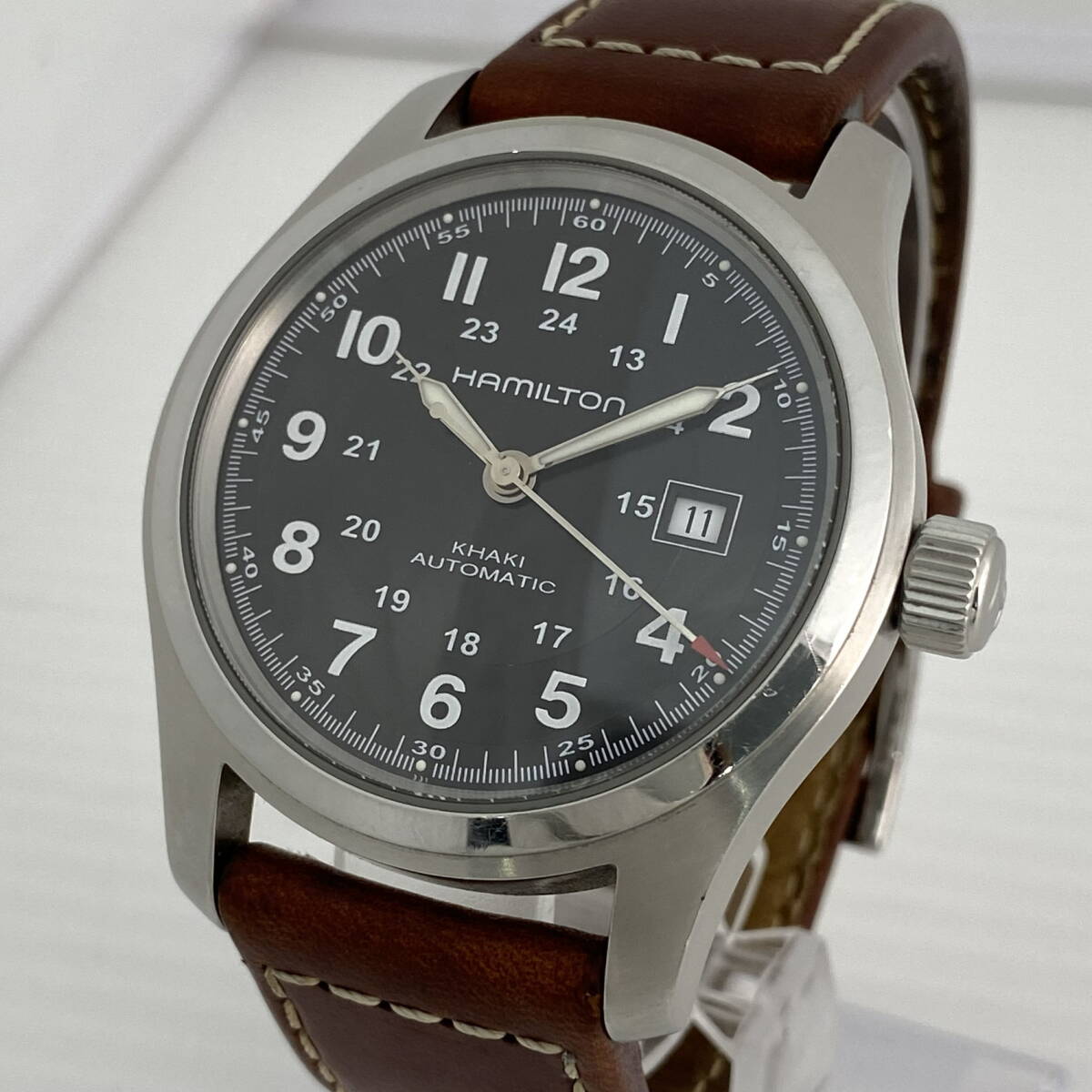 2605T0121 HAMILTON ハミルトン H705450 KHAKI カーキ メンズ腕時計 動作品 自動巻き 3針 デイト ラウンド 裏スケ SS 25石