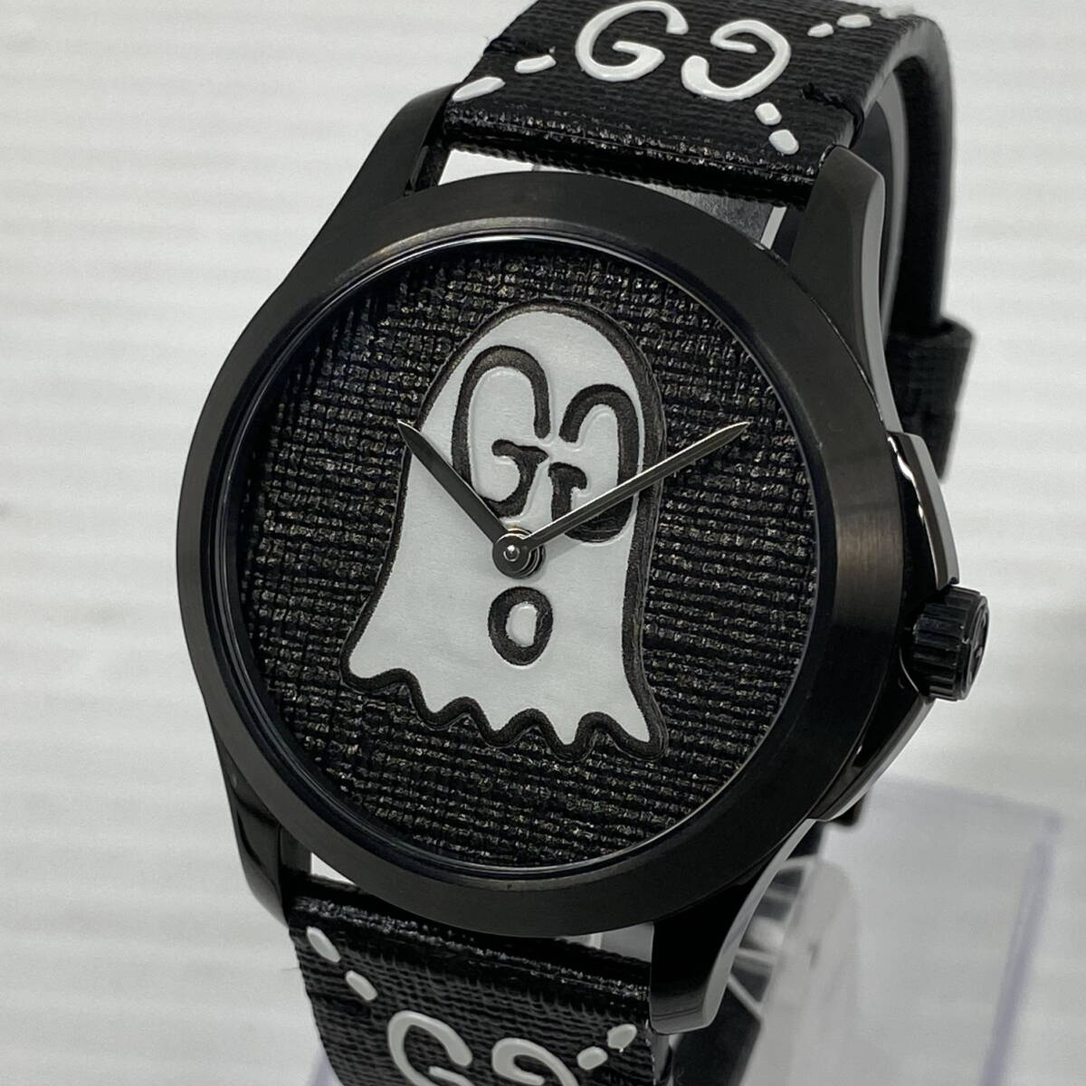 2605T0124 GUCCI グッチ 126.4 Gタイムレス メンズ腕時計 動作品 クォーツ 2針 ラウンド ゴースト オバケ 黒文字盤 SS GG柄