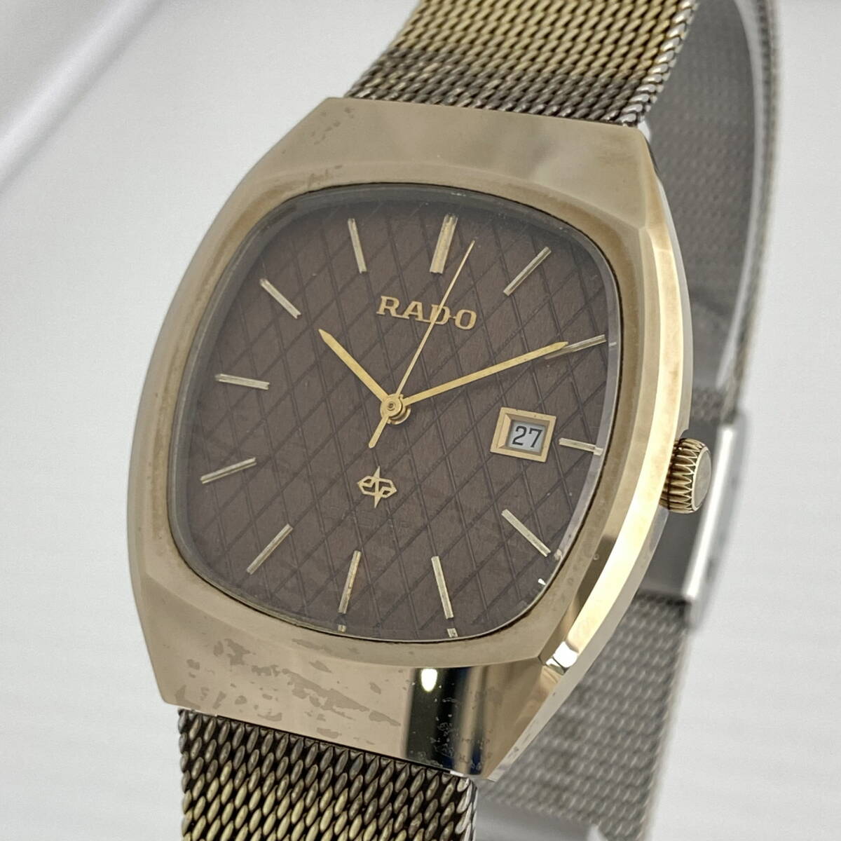 2605T0146 RADO ラドー 711.9501.3 DIASTAR ダイヤスター メンズ腕時計 現状品 クォーツ 3針 デイト スクエア ゴールドカラー ブラウン系
