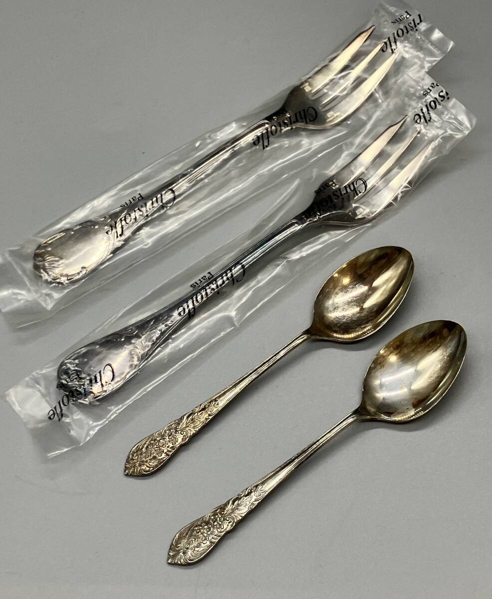【31206】Christofle クリストフル フォーク2点未開封　デザートスプーン2点中古品　 4点セット　銀製品　高級カトラリー　洋食器　