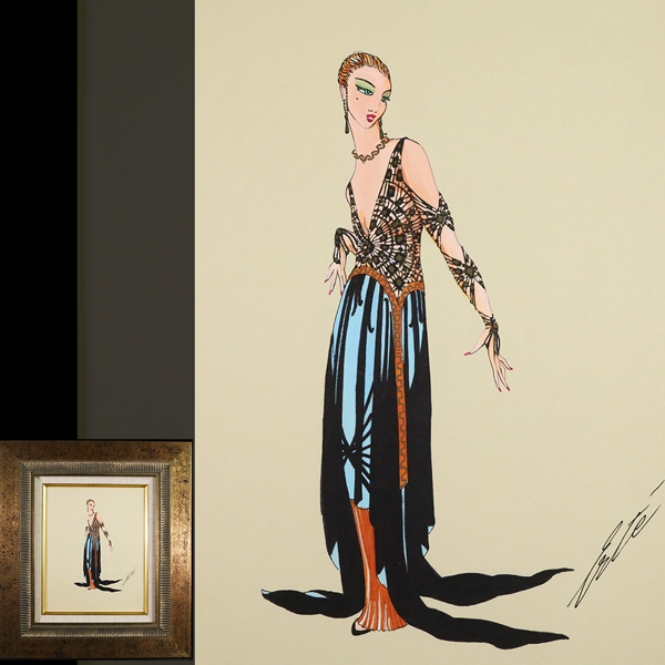 ◇雅◇ 真作保証 エルテ Ert'e ドレスの女性 オリジナル原画 水彩 肉筆 直筆サイン アール・デコ巨匠 額装 /RG.26.5 [J197] QP