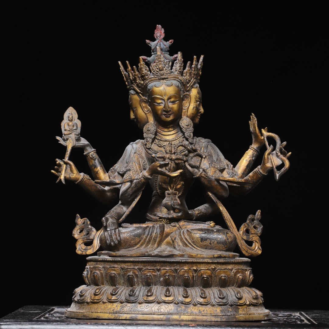 旧蔵 清時代 古銅彫 拓金 尊勝仏母 仏像 仏教古美術 古銅器 銅製品 細密造 古美術 古美味 中国古玩 骨董品 時代物 稀少唐物
