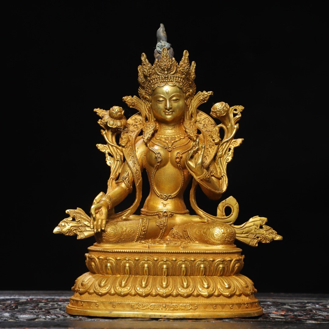 旧蔵 明時代 古銅彫 塗金 白度母像 仏像 仏教古美術 古銅器 銅製品 細密造 供養仏 古美術 古美味 中国古玩 骨董品 時代物 稀少唐物