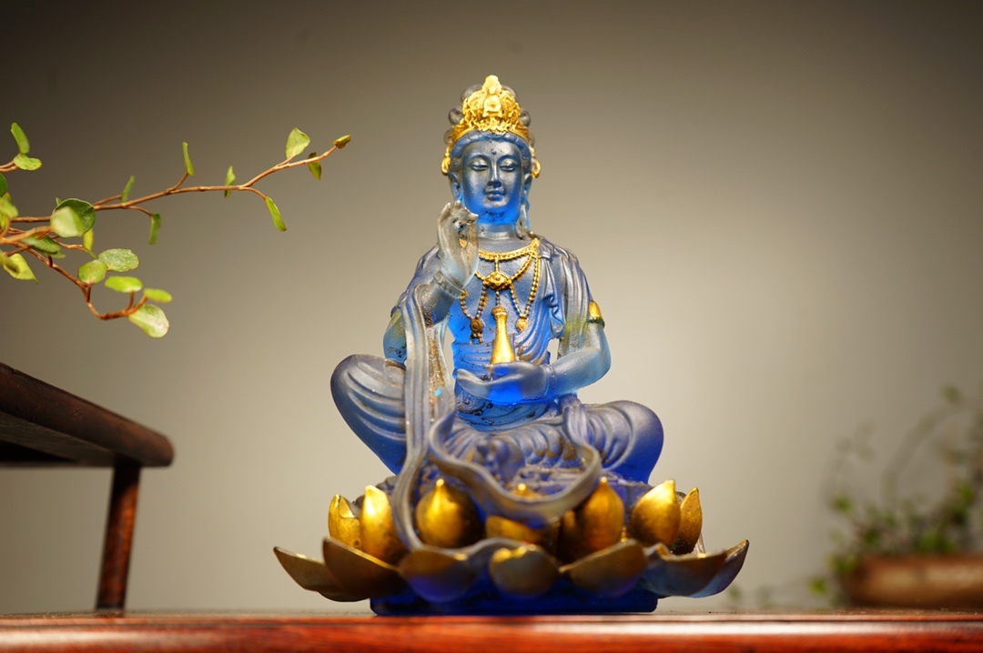 旧蔵 清時代 古琉璃彫 描金 蓮花観音像 仏像 仏教古美術 手彫 極細工 古美術 古美味 中国古玩 骨董品 時代物 稀少唐物